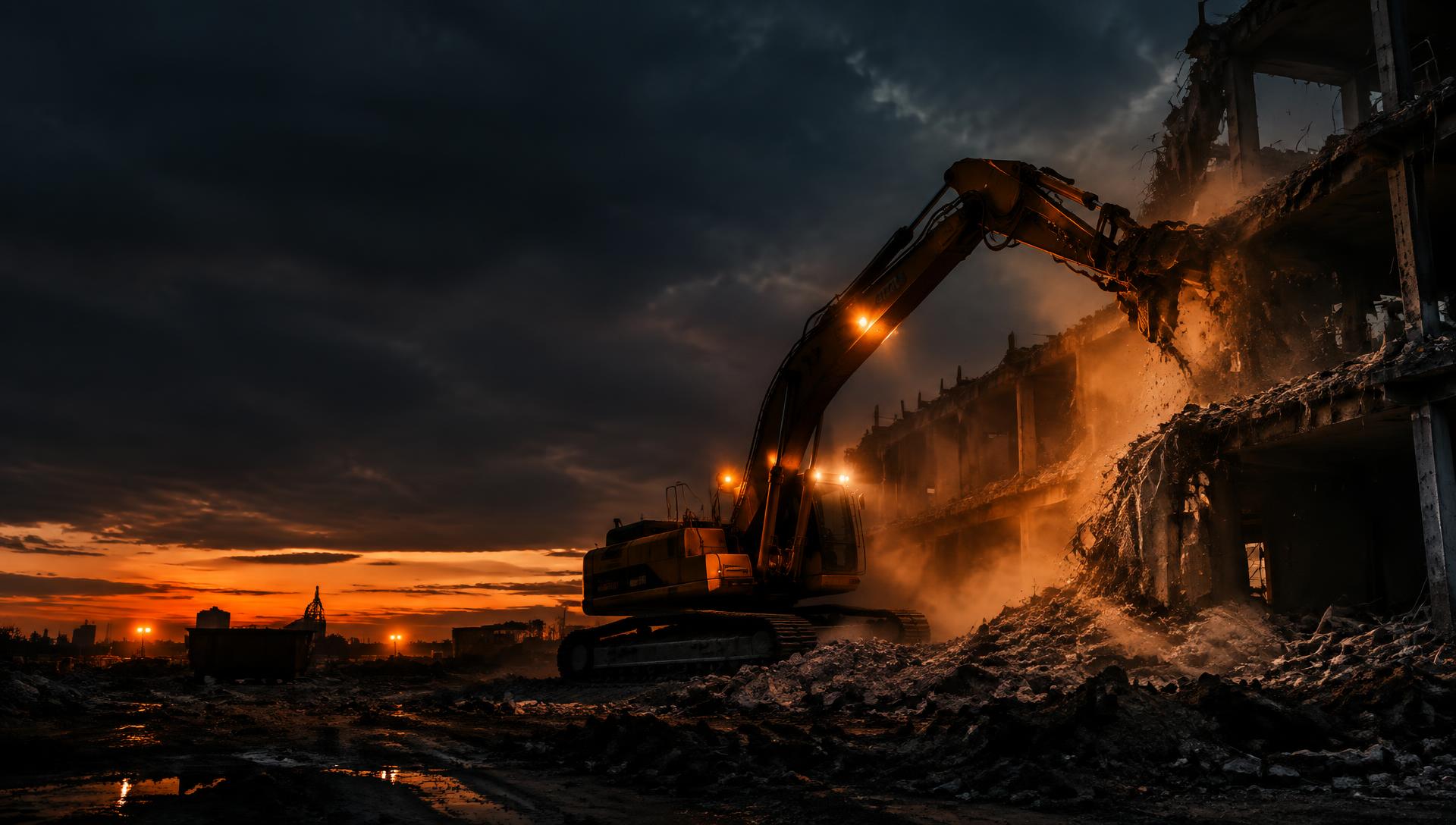Excavator demolishing a building at dusk