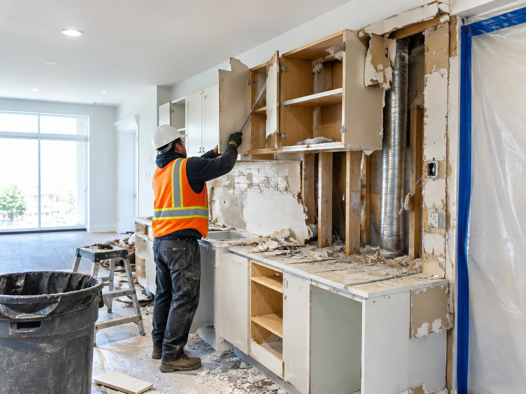 Demo Bros crew performing interior kitchen demolition
